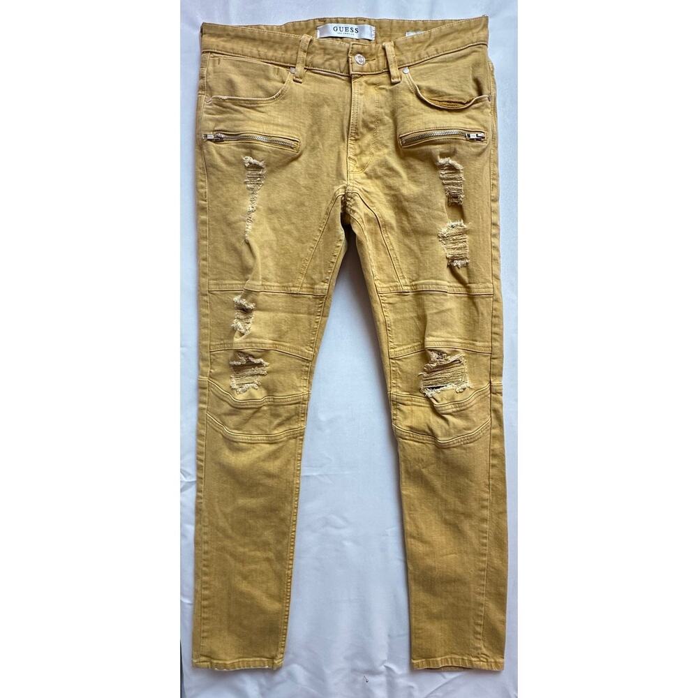 Guess? Jeans Men's 32 Yellow Zipper Slim Tapered Pants Moto Zip denim